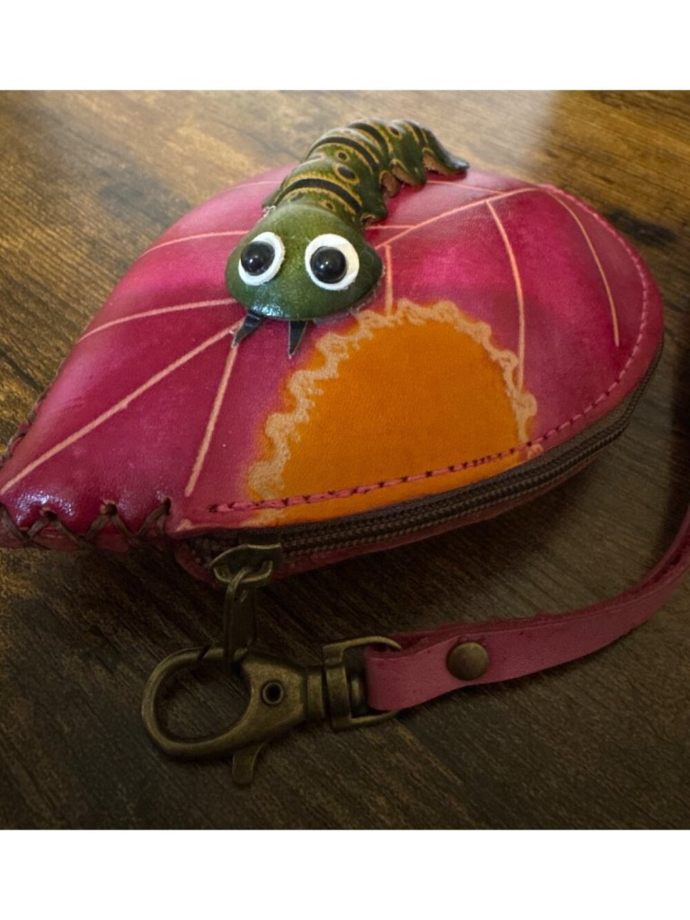 Leather Handcrafted Coin Purse 3D Green Caterpillar EUC